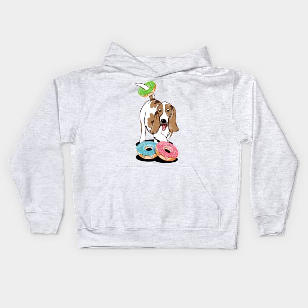 Basset hound eating doughnuts Kids Hoodie by mailboxdisco